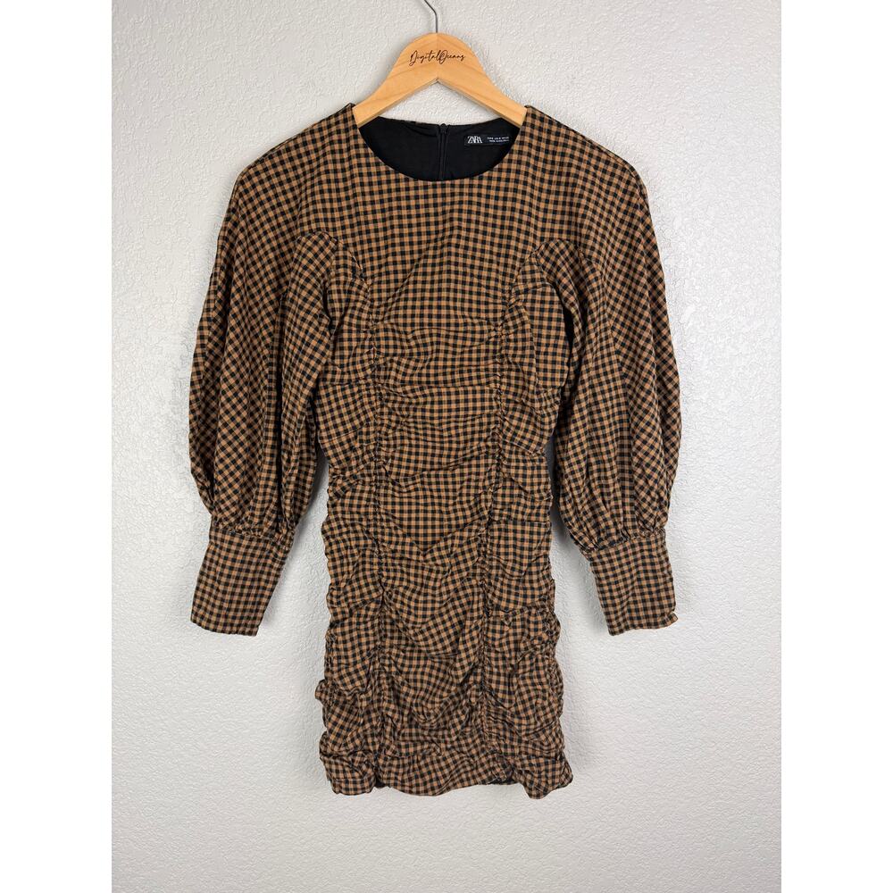 Zara Plaid Puff Sleeve Bodycon Mini Dress S Brown Ruched Balloon Sleeve Draped - Picture 2 of 10